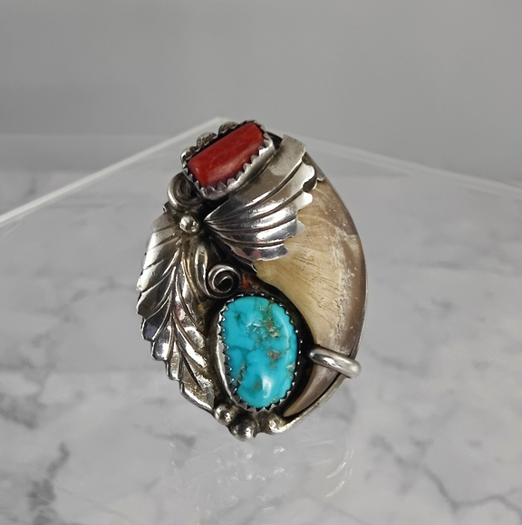 Zuni Sterling Silver Ring Size 11 Turquoise, Coral Bennie Bowekaty - Picture 1 of 12